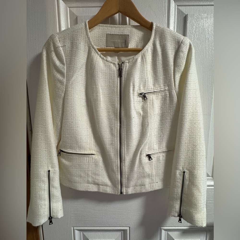 Banana Republic Cream Textured Jacket Size 8 | Bouclé Zip Blazer Quiet Luxury